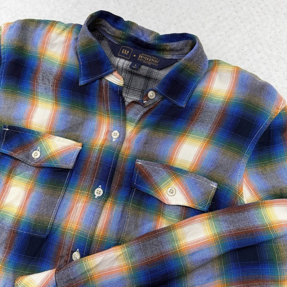Gap x Pendleton Blue Multi Plaid Boyfriend Flannel Shirt Women S Viscose EUC Top
